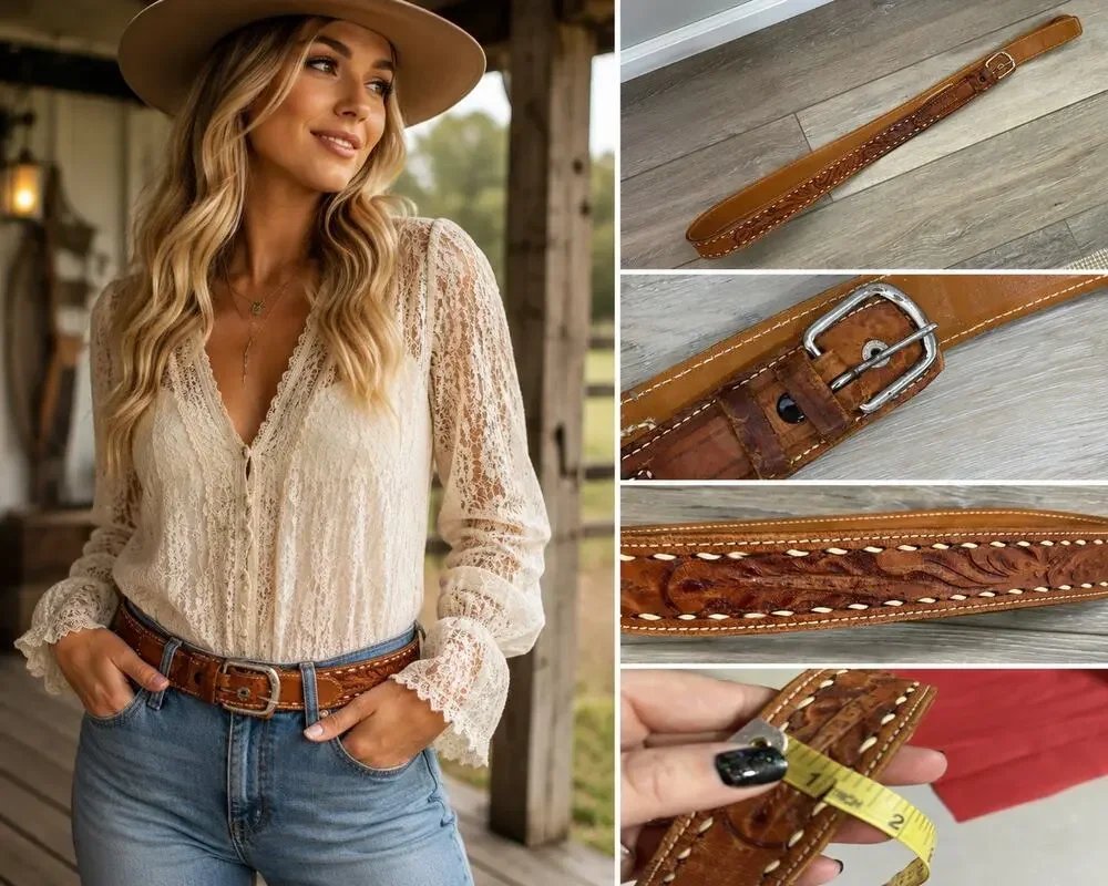 Vintage Western Hand Tooled Brown Cowhide Leather Belt 1.5” Floral Cowboy M/L